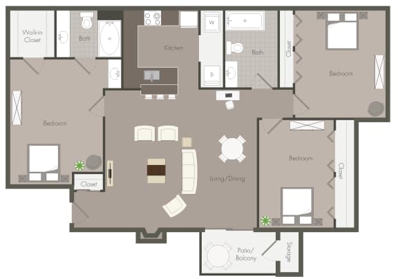 3bed 2bath Floor Plan at Woodside Village Apartments, Georgia 30021