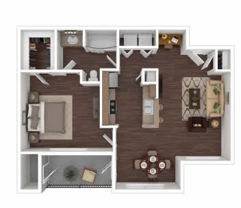 A 3D floor plan of a house showing a kitchen, living room, dining room, and two bedrooms.