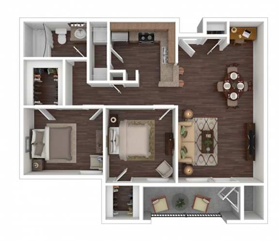 A top-down view of a house layout with a living room, dining room, kitchen, and bathroom.