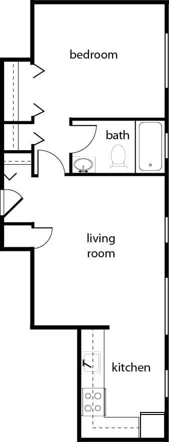 A floor plan of a small apartment with a bedroom, bathroom, living room, and kitchen.