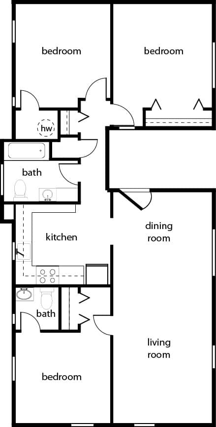 A floor plan of a house with 3 bedrooms, a dining room, a kitchen, a bath, and a living room.