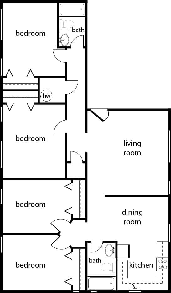 A floor plan of a house with a living room, dining room, kitchen, and four bedrooms.