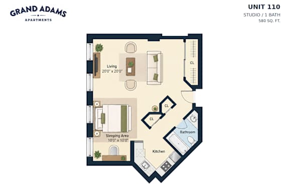 A floor plan for Grand Adams Apartments shows a studio apartment with a living area, kitchen, sleeping area, and bathroom.