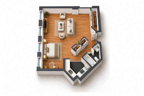A top-down view of a modern apartment layout with a kitchen, living room, and bedrooms.
