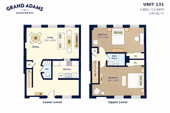 A floor plan for Grand Adams Apartments shows the layout for Unit 131, a 2 bedroom, 1.5 bath apartment.