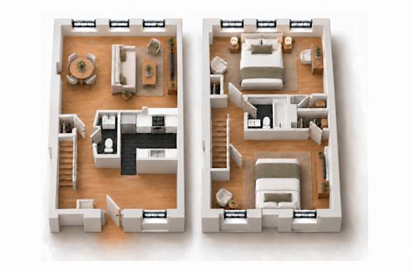 Two images of a dollhouse interior.
