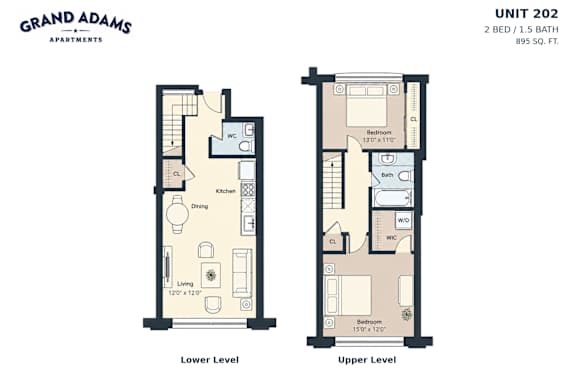 A floor plan for a 2 bedroom, 1.5 bath apartment at Grand Adams Apartments.