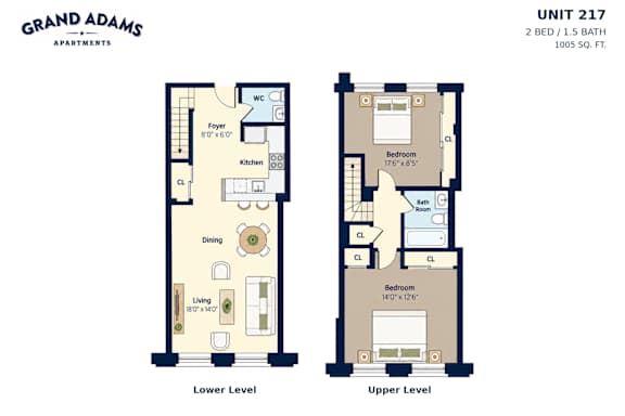 A floor plan for a 2 bedroom, 1.5 bath apartment at Grand Adams Apartments.