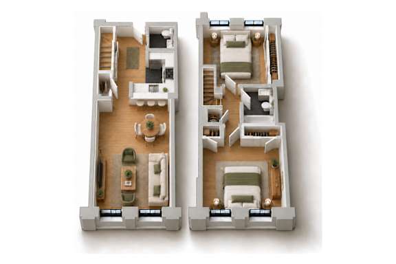 Two floor plans of a house with a garage and a living room.