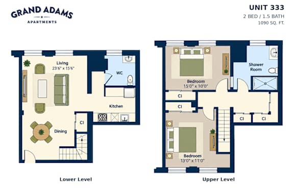 A floor plan for Grand Adams Apartments shows the layout for Unit 333, a 2 bedroom, 1.5 bath apartment.