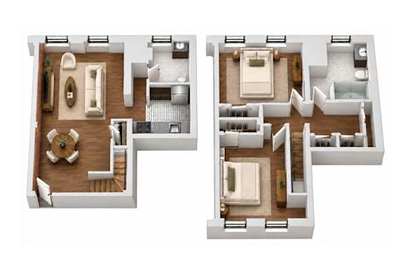 Two floor plans of a house with a living room, kitchen, and bedrooms.