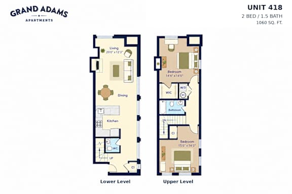 A floor plan for Grand Adams Apartments shows the layout for Unit 418, a 2 bedroom, 1.5 bath apartment.