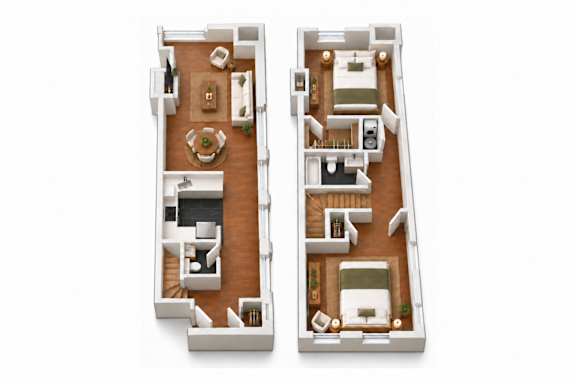 Two floor plans of a house with a kitchen, living room, and bathroom.