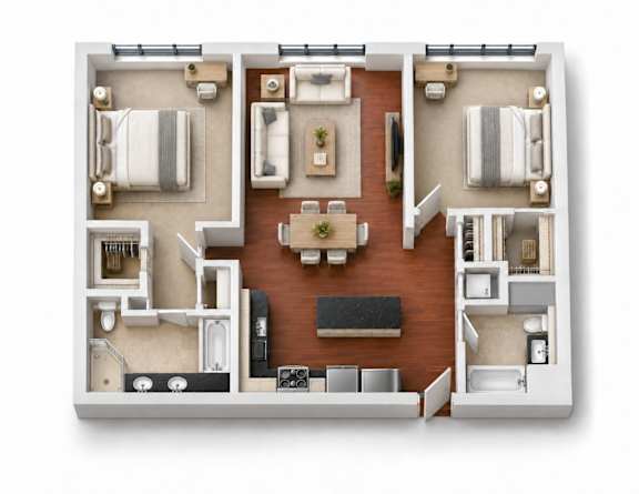 A top-down view of a house layout with a kitchen, living room, and bedrooms.