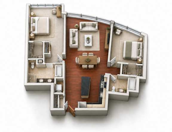 A 3D floor plan of a house with multiple rooms and a kitchen.