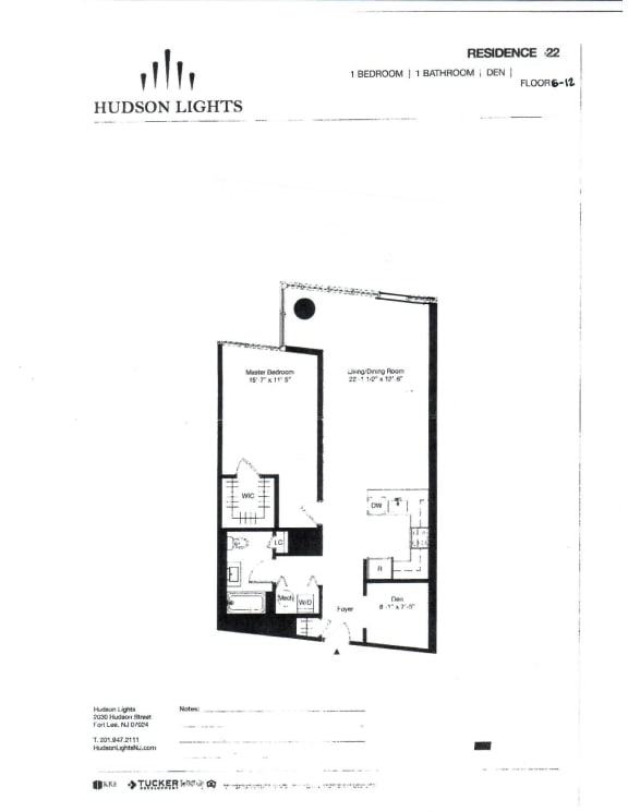 Residence 22 Floor Plan at Hudson Lights, Fort Lee, NJ, 07024