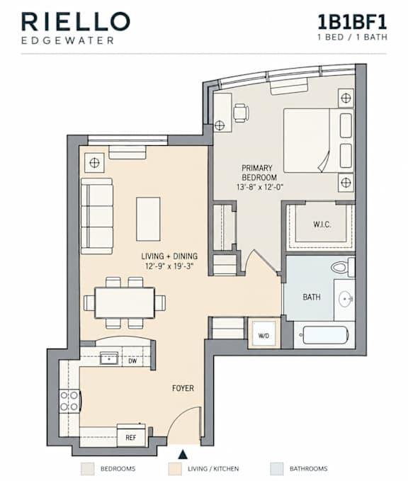 A floor plan for a 1 bedroom, 1 bathroom apartment at Riello Edgewater.