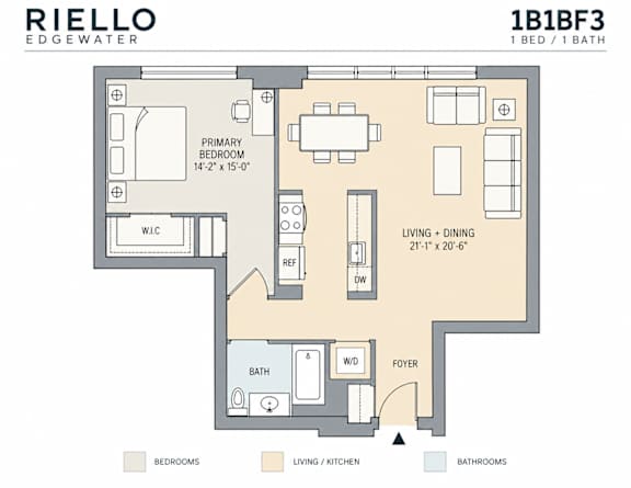 A floor plan of a 1 bedroom, 1 bathroom apartment with a living and dining room.