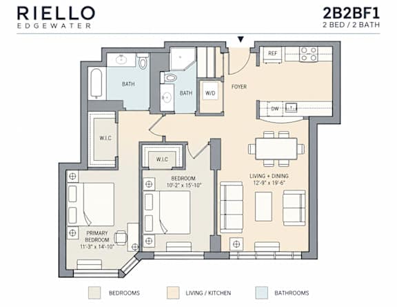 A floor plan for a 2 bedroom, 2 bathroom apartment.