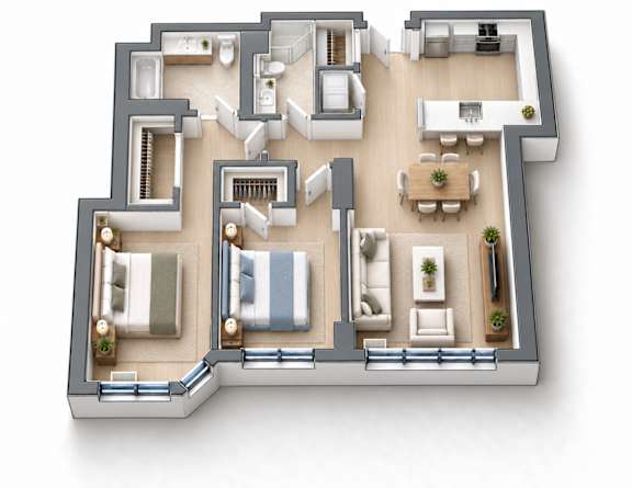 A 3D floor plan of a house with multiple rooms and furniture.