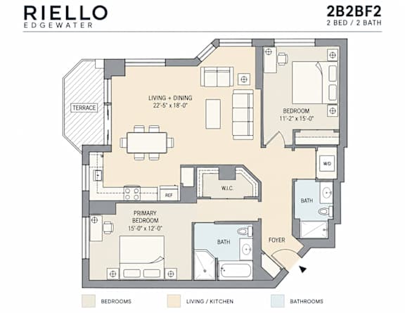 A floor plan of a 2 bedroom, 2 bathroom apartment with a living and dining area.