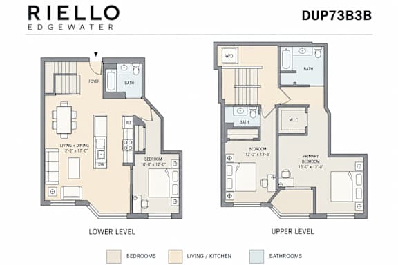 A floor plan for a Riello Edgewater property with two levels, showing the layout of bedrooms, living/kitchen areas, and bathrooms.