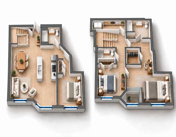 Two images of a house layout with a kitchen, living room, and bathrooms.