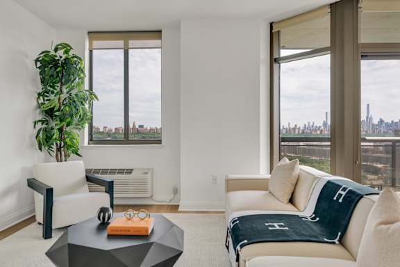 A living room with a white couch and a green plant.