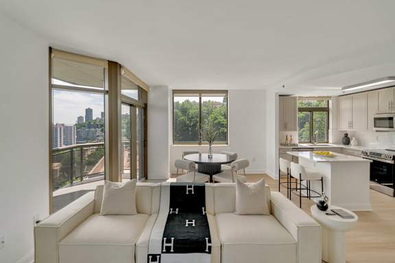 A modern living room with a white couch and a black and white rug.