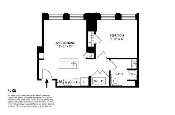 D ADA- One Bedroom Floor Plan at The Stott, Detroit, Michigan.