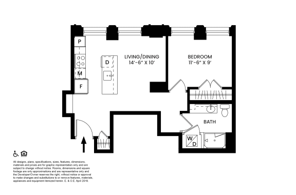 D2- One Bedroom Floor Plan at The Stott, Detroit, Michigan.