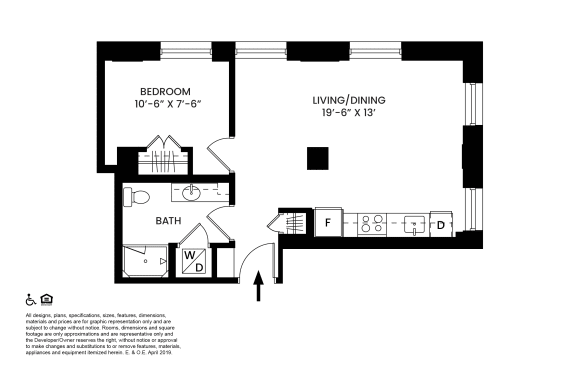F- One Bedroom One Bathroom Floor Plan at The Stott, Detroit, Michigan.