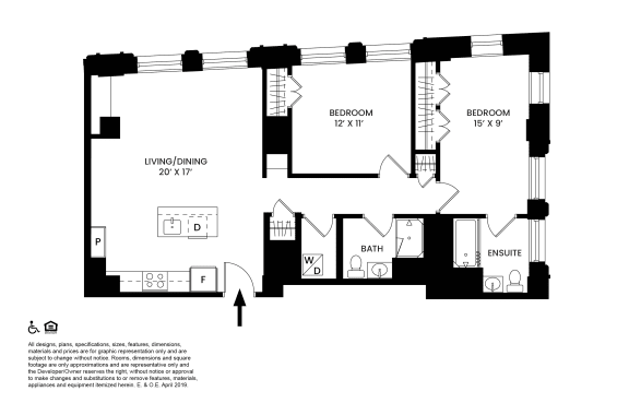 G- Two Bedrooms Two Bathrooms Floor Plan at The Stott, Detroit, Michigan.