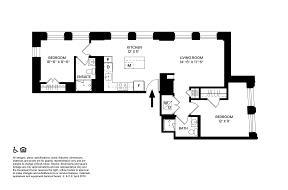 J- Two Bedrooms Two Bathrooms Floor Plan at The Stott, Detroit, Michigan.