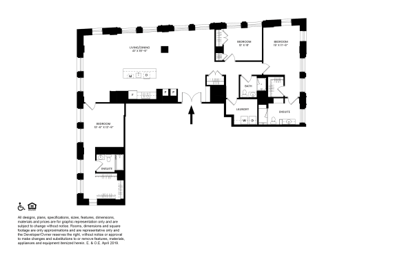 Q- 3 Bedrooms 3 Bathrooms Floor Plan at The Stott, Detroit, Michigan.