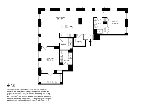 R- Two Bedrooms Two Bathrooms Floor Plan at The Stott, Detroit, Michigan.