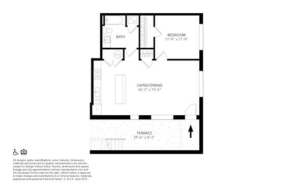 A floor plan of a house with a bedroom, bathroom, and living/dining area.
