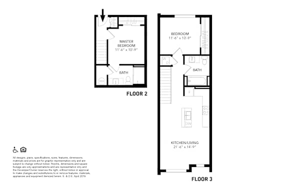 A floor plan of a two-story apartment with dimensions of each room.