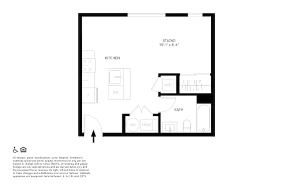 A floor plan of a studio apartment with a kitchen, bath, and studio space.