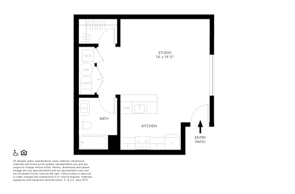 A floor plan of a studio apartment with a kitchen, bath, and entry patio.
