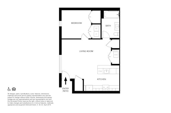 A floor plan of a small apartment with a bedroom, living room, kitchen, and bathroom.