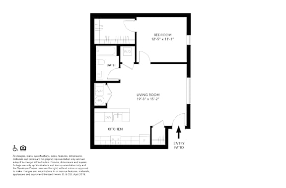 A floor plan of a small apartment with a bedroom, bathroom, kitchen, and entry patio.