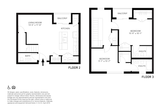 A black and white image of a floor plan for a home with two bedrooms, a living room, a kitchen, and two bathrooms.