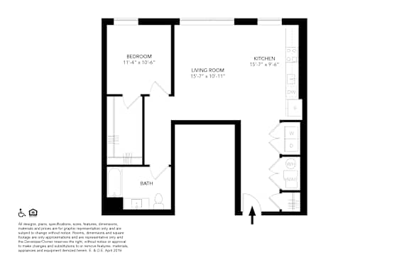 A floor plan of a small apartment with a bedroom, living room, kitchen, and bathroom.