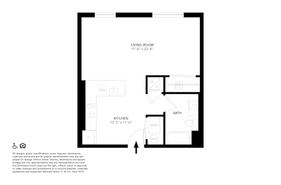 A floor plan of a small apartment with a living room, kitchen, and bathroom.