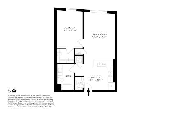 A floor plan of a small apartment with a bedroom, living room, kitchen, and bathroom.