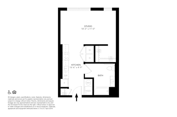 A floor plan of a studio apartment with a kitchen and bath.