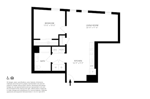 A floor plan of a small apartment with a bedroom, living room, kitchen, and bathroom.