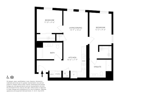 A black and white image of a floor plan for a home with two bedrooms, a living/dining area, a kitchen, a bathroom, and an ensuite.
