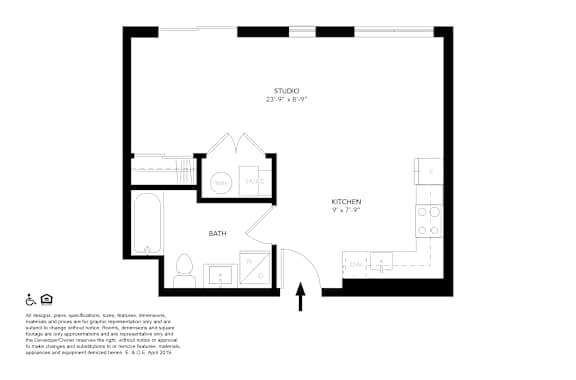 A floor plan of a studio apartment with a kitchen and bathroom.